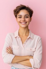 Smiling young woman with short hair, wearing a chic outfit, standing with arms crossed and exuding confidence, isolated against a soft pastel backdrop. 