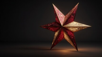 Ornate, five-pointed star, rich red and gold, intricate design, holiday decoration,  3D render