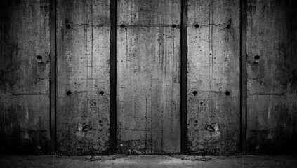 A weathered concrete wall with multiple visible bolt holes and a slight spotlight on the middle panel, creating depth