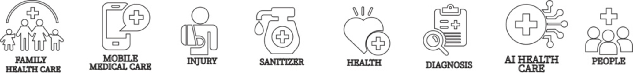 Health care line art icon set.Vector illustration in modern style health related icon mental health, healthcare, medical, wellbeing, meditation, lifestyle, Medical Exam, Medicine, Hospital and more.