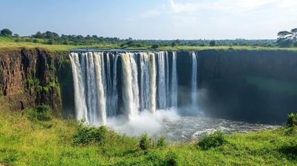 Witness the raw breathtaking power of nature at a majestic waterfall cascading down a cliffside captured in bright