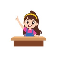 Cute Girl Raising Hand at Desk School Classroom Vector Illustration