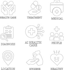 Health care line art icon set.Vector illustration in modern style health related icon mental health, healthcare, medical, wellbeing, meditation, lifestyle, Medical Exam, Medicine, Hospital and more.