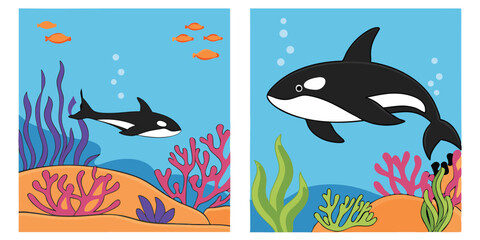 Adorable cartoon illustration of orcas and colorful coral reefs in deep ocean waters