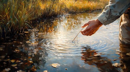 Quiet fishing moment skilled hands patiently waiting