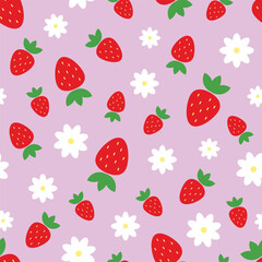 Vector pattern with red strawberries and white flowers on a bright purple background