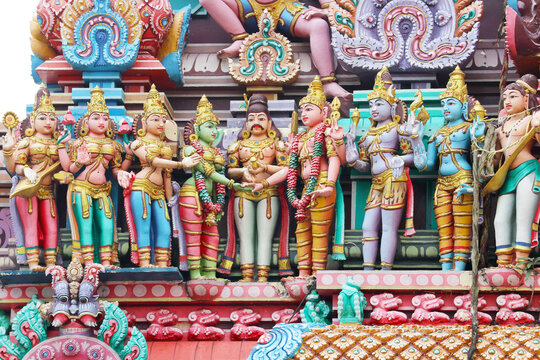 Intricate Hindu Temple Gopuram Sculptures &ndash; Balaji and Padmavati Wedding Ceremony, Kuala Lumpur, Malaysia &ndash; Traditional South Indian Architecture, Cultural Heritage