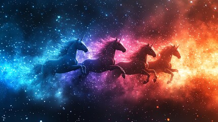 Rainbow-colored unicorn silhouettes on a starry night