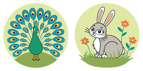 Adorable cartoon peacock and bunny illustrations within a circle on white background