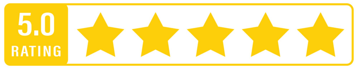 5 star icon. symbol of customers rating product or service. yellow five star sign with text for app, website, design element. vector illustration.