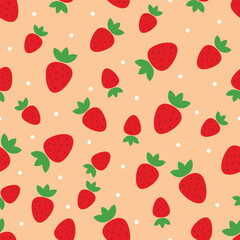 Vector seamless pattern with red strawberries and white decorative circles on an orange background