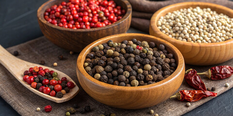 Mixed peppercorns spices in wooden bowls and spoon with black, white, and red pepper, dried chili peppers, vibrant aromatic culinary seasoning, gourmet ingredients for cooking, selective focus
