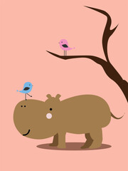 Adorable Hippopotamus with Birds A Cute Illustration