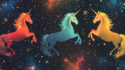 Rainbow-colored unicorn silhouettes on a starry night