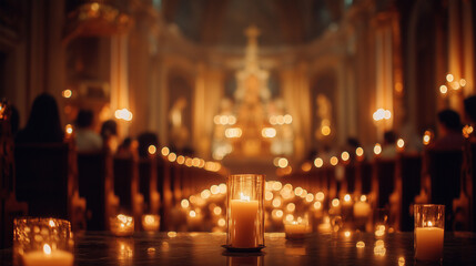 Festival Assumption of Mary, Candlelight service inside church for Assumption of Mary festival, serene gradient background