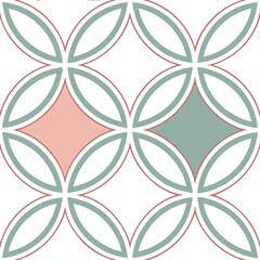 Fototapeta premium Seamless Geometric Pattern With Overlapping Petal And Diamond Shapes In Soft Pastel Green And Pink Colors