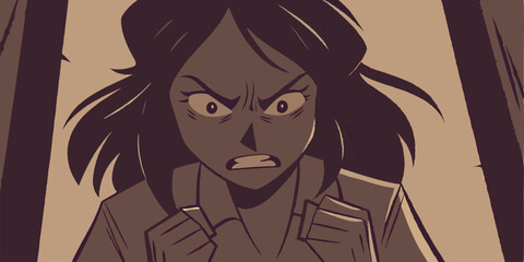Animated woman with an angry expression and fists clenched in rage illustration