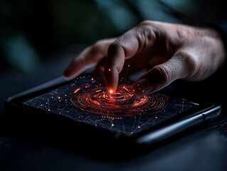 Hand Interacting with Glowing Spheres on a Dark Tablet Screen