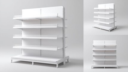 Modern white retail shelving unit. Multiple angles showcase design elements, including adjustable shelves, and open display area