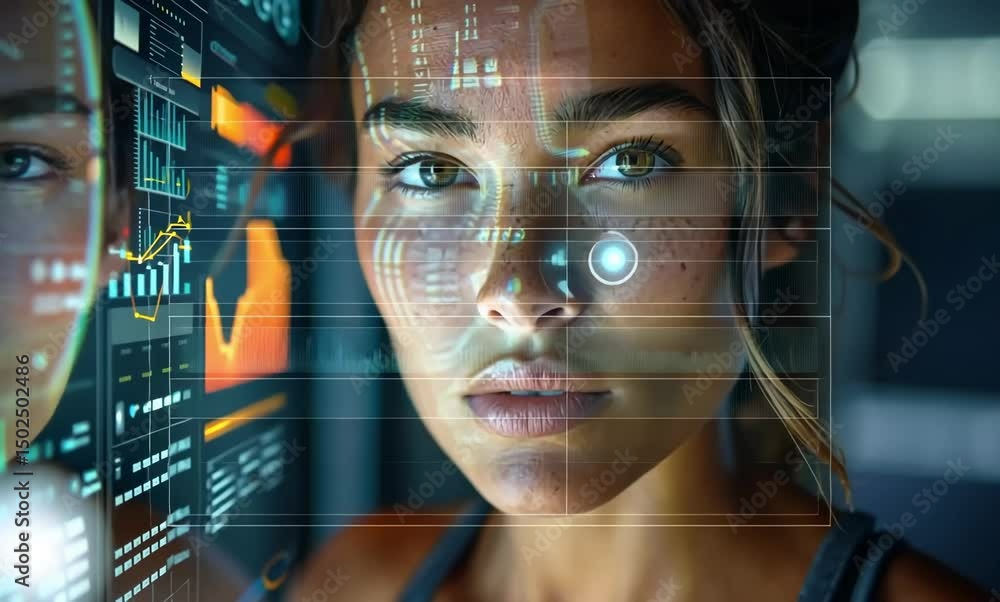 Poster female tech innovator engages with digital data in a modern workspace illuminated by screens