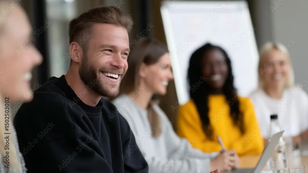 Poster smiling man in meeting with colleagues, showcasing teamwork and collaboration in modern office envir