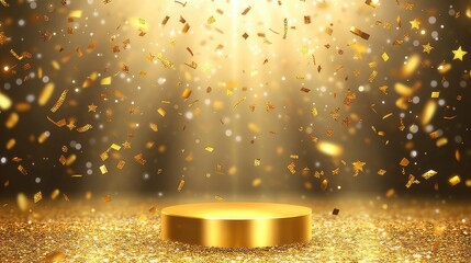 Empty Gold Stage Platform Showcase, Golden Podium with Falling Stars and Bokeh Lights,  Elegant gold and white podium on a sparkling background. 