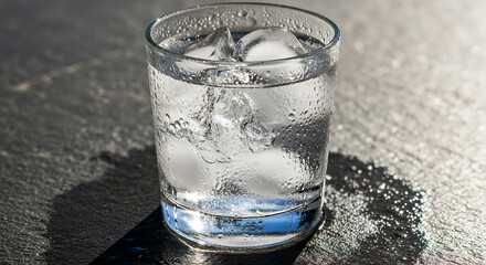 Glass of cold water with ice cubes on a table in the summer sun