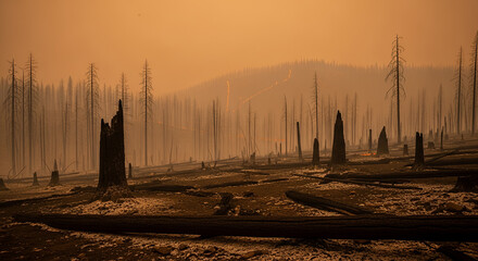 Devastated forest landscape after a wildfire with charred trees and smoke in the atmosphere