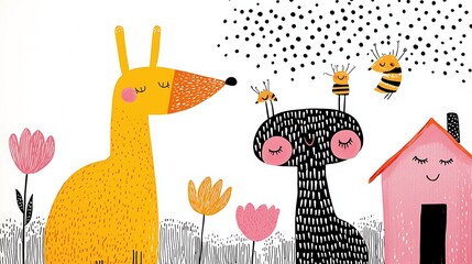 Obraz premium Cute Cartoon Animals in a Garden Illustration