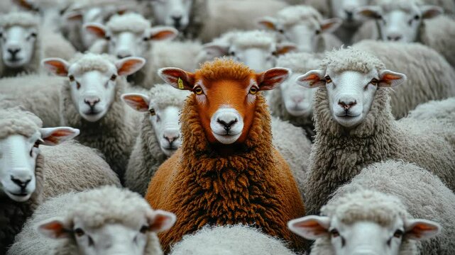 Standing out: A different colored sheep among a flock of white sheep