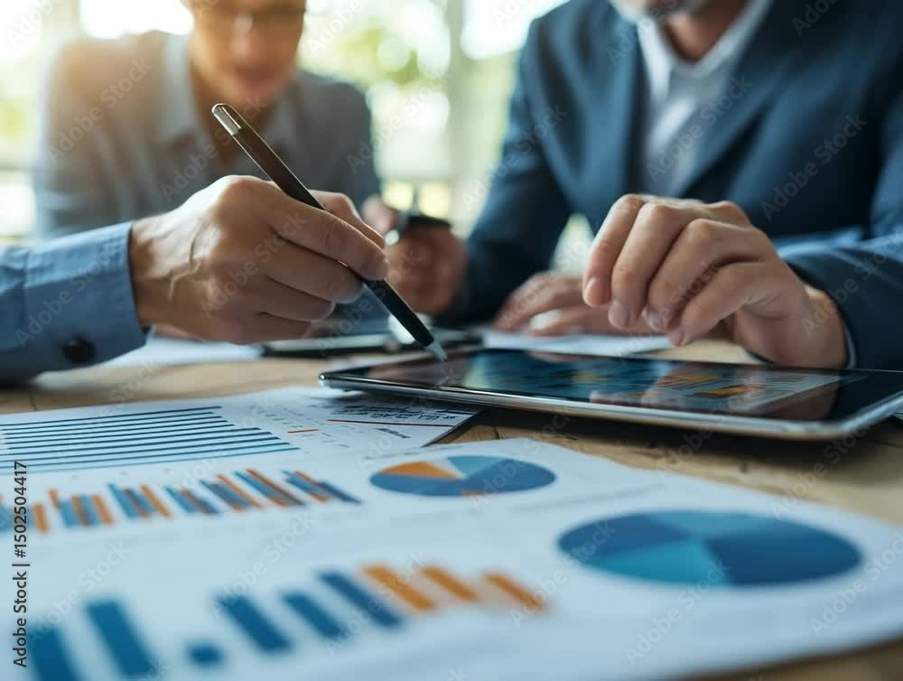 Poster business professionals collaborate on data analysis while reviewing reports and charts in a modern o