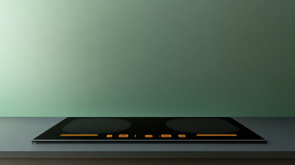 Modern electric cooktop on a kitchen counter.  Dark gray countertop,  black cooktop with two circular elements, subtle amber/gold accents on controls.  Soft teal/sage wall background