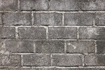 Close-up of aged rough grey brick wall. Background for design with copy space. Grunge pattern.