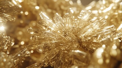 Close-up of lustrous, golden, crystalline formations.  Intricate, translucent structures gleam with light