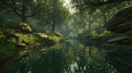 Obraz premium Create a serene and relaxing forest scene featuring a lush green woodland with dense trees and vibrant foliage. A calm, clear stream runs through the center, reflecting the.