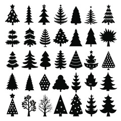 Obraz premium Collection of various christmas tree silhouettes in black and white, festive design elements
