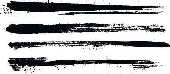 All brush strokes are isolated on white background. Vector horizontal black brush lines of differing thicknesses, demonstrating bold and striking linear artistic elements.