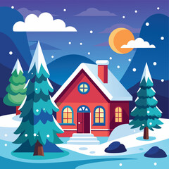Naklejka premium Cozy winter scene featuring a snowy red house surrounded by trees and falling snow at night