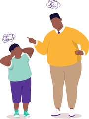 Angry Plus Size Black Father Scolding His Little Son. Rebellious Little Boy Do Not Want To Listen To His Father.