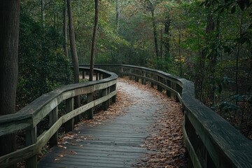 Obraz premium Tranquil Woodland Trail Through Lush Greenery: A Scenic Autumn Journey in Nature's Embrace