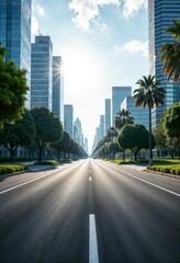 Obraz premium Empty Asphalt Road Leading to Futuristic Skyscrapers in Modern City
