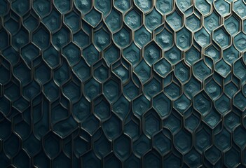  abstract texture with deep teal honeycomb-like shapes and shimmering metallic gold/bronze edges. This dark, weathered pattern has a rough, organic surface, creating a mysterious, luxurio
