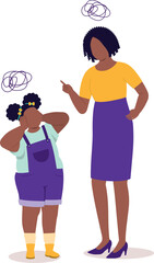 Angry Black Mother Scolding Her Little Daughter. Rebellious Chubby Little Girl Do Not Want To Listen To Her Mother.