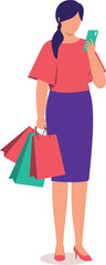 One Young Woman With Shopping Bags Looking At Her Handphone.