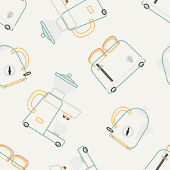 Vector seamless pattern with outlined toaster, kettle and coffee machine. Retro kitchen theme on a light background