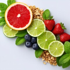 Vibrant Flatlay of Fresh Fruit and Granola on White