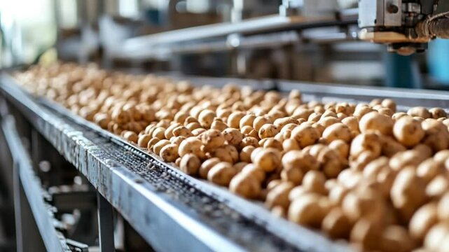 Freshly harvested potatoes being sorted on a conveyor belt in a factory