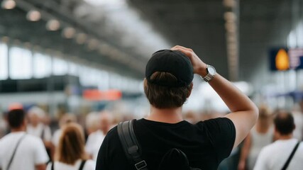Contemplation Amidst Busy Airport Terminal Travelers Journey Through Crowded Movement and Anticipation of People
