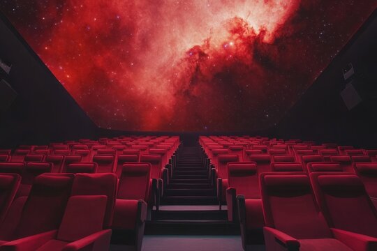 Stunning Fulldome Digital Experience: Empty Red Seats Awaiting Audience in a Galaxy-Themed Planetarium Cinema