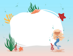 Illustration of a rectangular vector frame with a blonde mermaid, coral, seaweed and starfish. Perfect for kids materials, marine themed projects and invitations